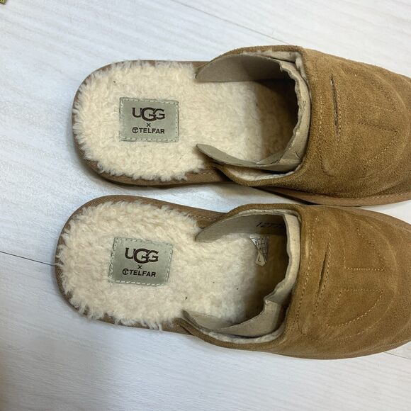 UGG x‎ Telfar Slipper Men\'s Size 9 Chestnut Logo Suede Sheepskin Lined Slip On main image 6